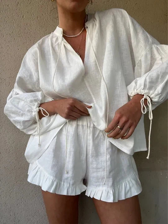 Elegant White Linen Blouse and Shorts Set - Comfortable & Stylish Summer Outfit — Image 2