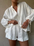 Elegant White Linen Blouse and Shorts Set - Comfortable & Stylish Summer Outfit — Image 2