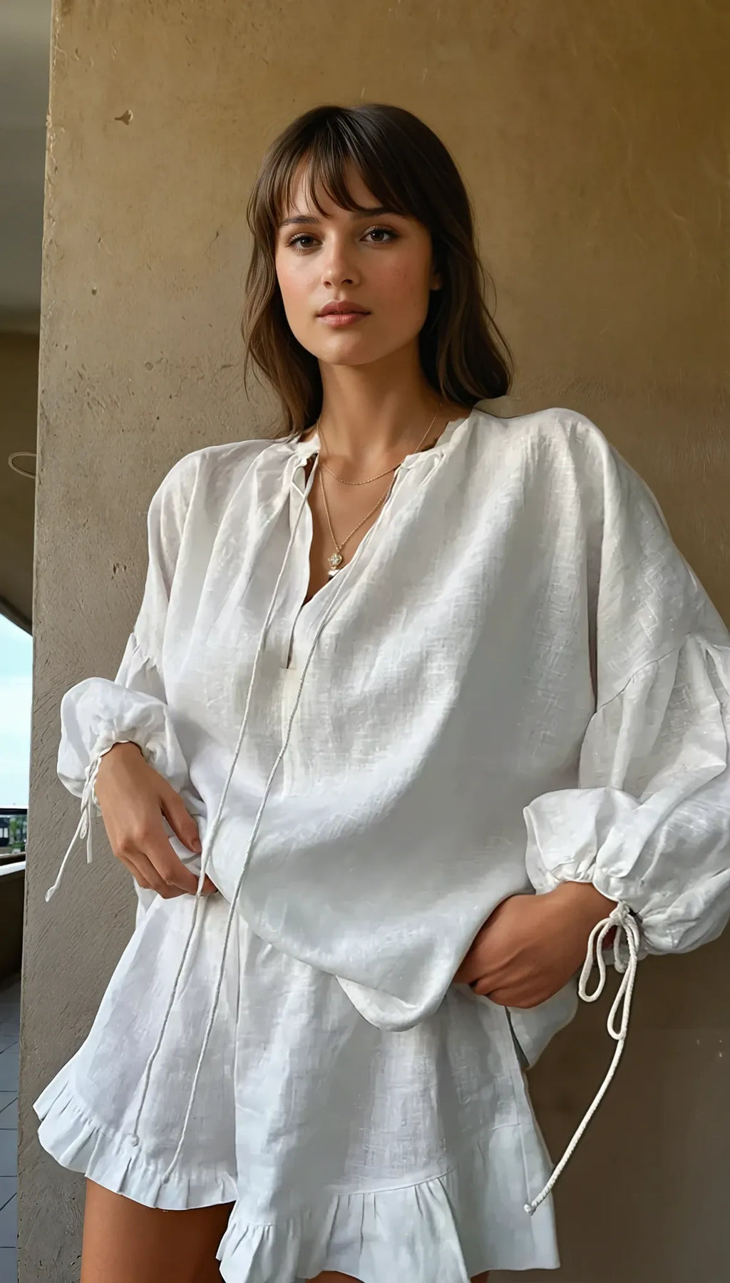 Elegant White Linen Blouse and Shorts Set - Comfortable & Stylish Summer Outfit — Main Image