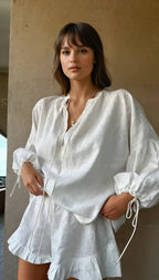 Elegant White Linen Blouse and Shorts Set - Comfortable & Stylish Summer Outfit — Main Image