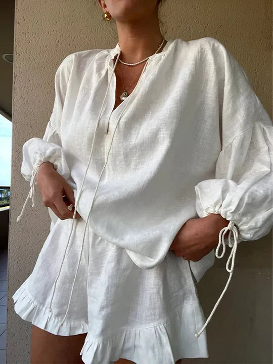 Elegant White Linen Blouse and Shorts Set - Comfortable & Stylish Summer Outfit — Image 3