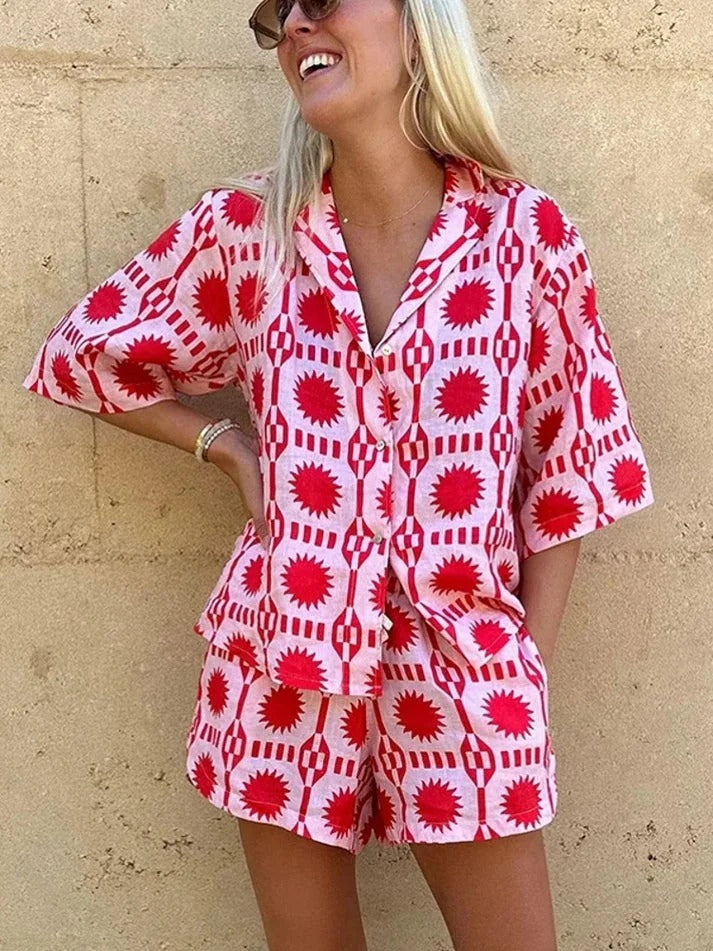 Women's Pajama Set - Red Sunburst Pattern, Cotton, Short Sleeve, Summer — Main Image