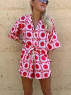 Women's Pajama Set - Red Sunburst Pattern, Cotton, Short Sleeve, Summer — Image 3