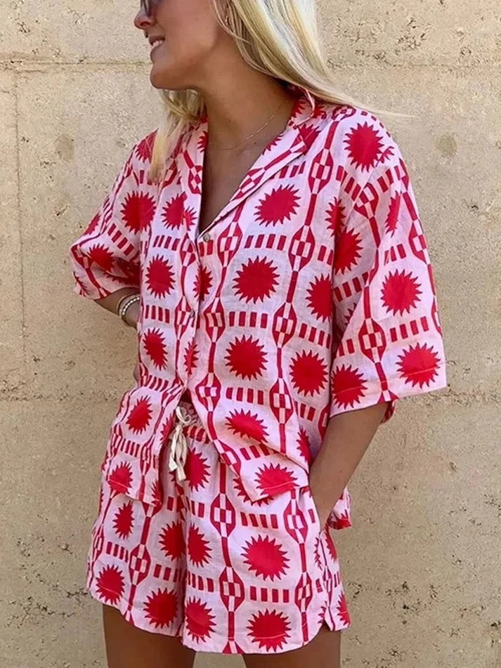Women's Pajama Set - Red Sunburst Pattern, Cotton, Short Sleeve, Summer — Image 2