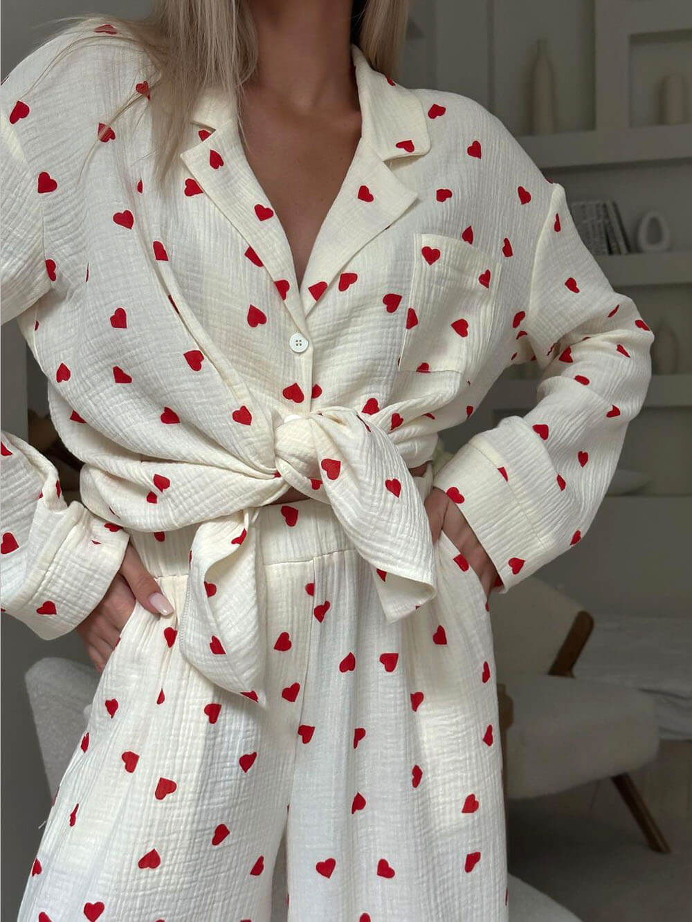 Cozy Heart Print Pajama Set - Women's Loungewear, Cotton, White with Red Hearts — Image 6