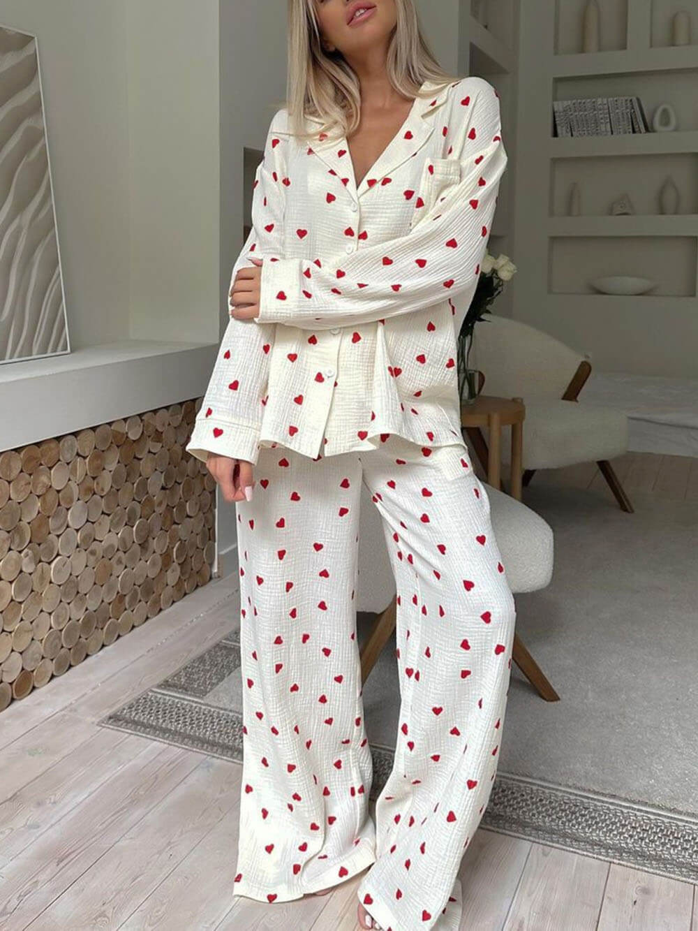 Cozy Heart Print Pajama Set - Women's Loungewear, Cotton, White with Red Hearts — Image 2