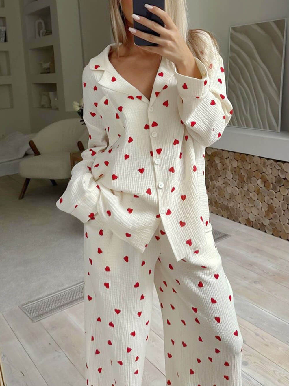 Cozy Heart Print Pajama Set - Women's Loungewear, Cotton, White with Red Hearts — Image 4