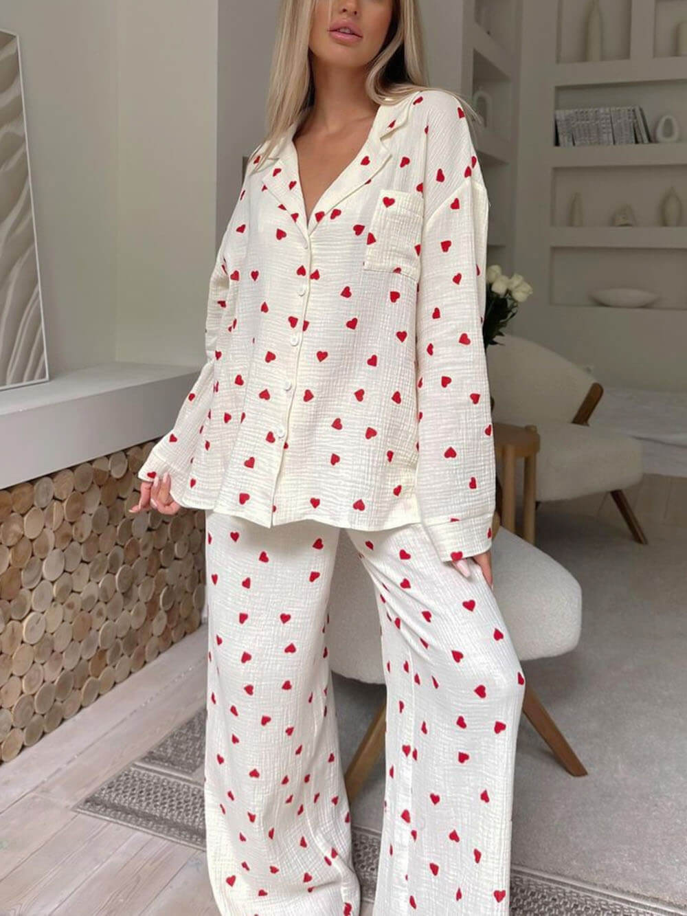 Cozy Heart Print Pajama Set - Women's Loungewear, Cotton, White with Red Hearts — Image 3