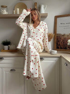 Cozy Heart Print Pajama Set - Women's Loungewear, Cotton, White with Red Hearts — Main Image