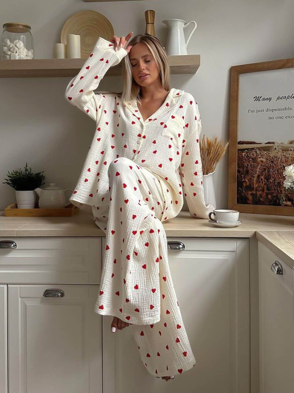Cozy Heart Print Pajama Set - Women's Loungewear, Cotton, White with Red Hearts — Main Image