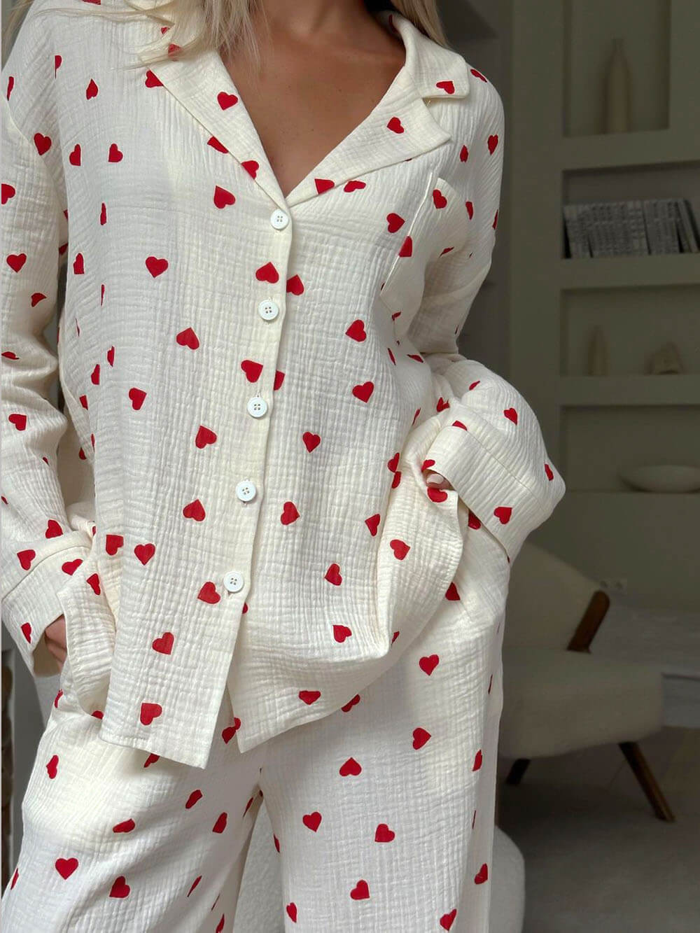 Cozy Heart Print Pajama Set - Women's Loungewear, Cotton, White with Red Hearts — Image 5