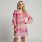 Elegant Chiffon Dress with Ruffled Sleeves - Pink and Beige, V-Neck, Lightweight — Main Image