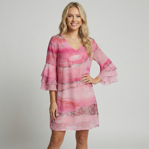 Elegant Chiffon Dress with Ruffled Sleeves - Pink and Beige, V-Neck, Lightweight — Main Image