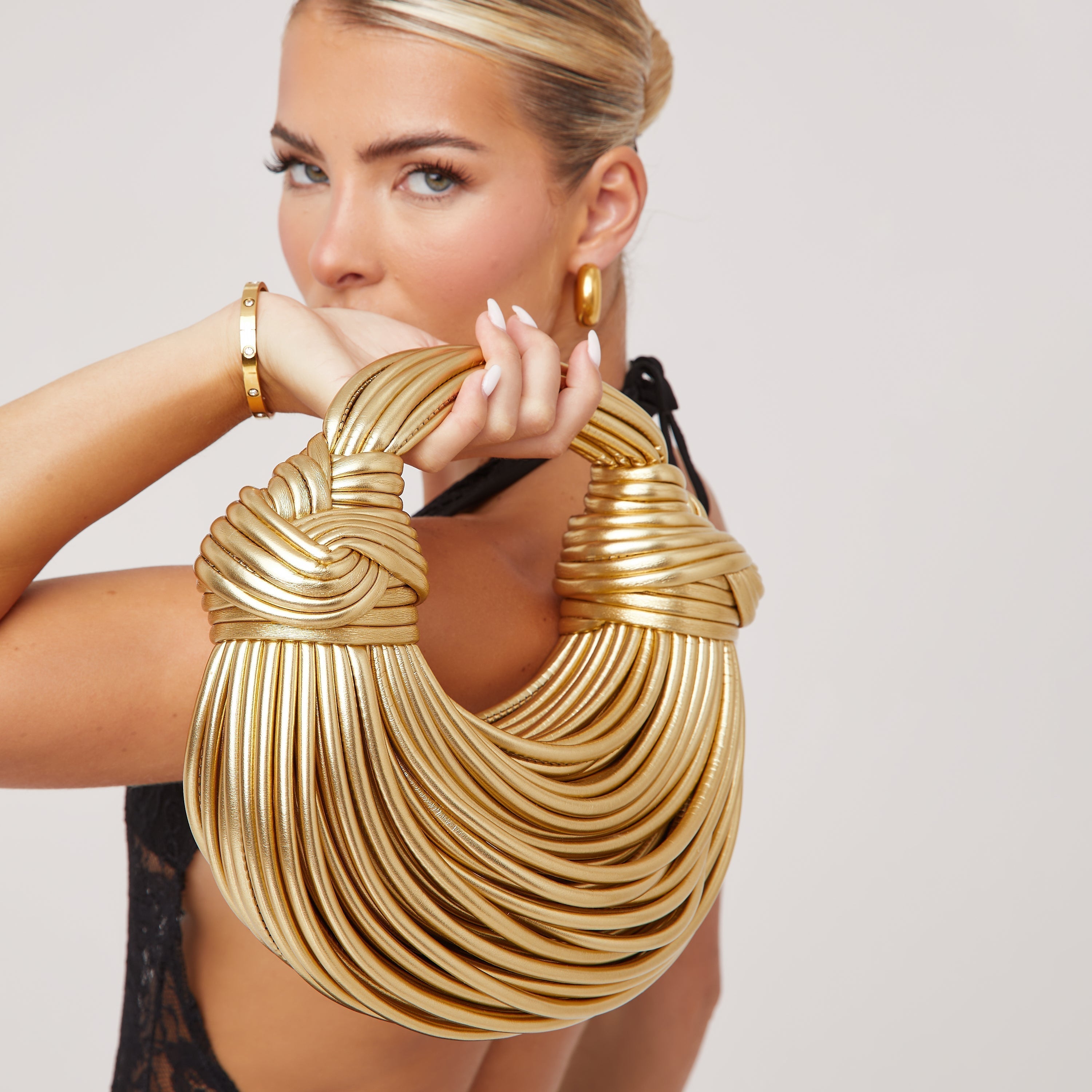 Elegant Metallic Knot Handle Bag - Gold, Silver, Black, Beige - Faux Leather — Image 2