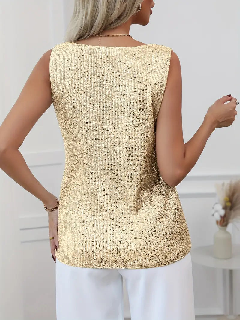 Elegant Sequin Sleeveless V-Neck Top for Women - Gold, Silver, Pink, Black — Image 22