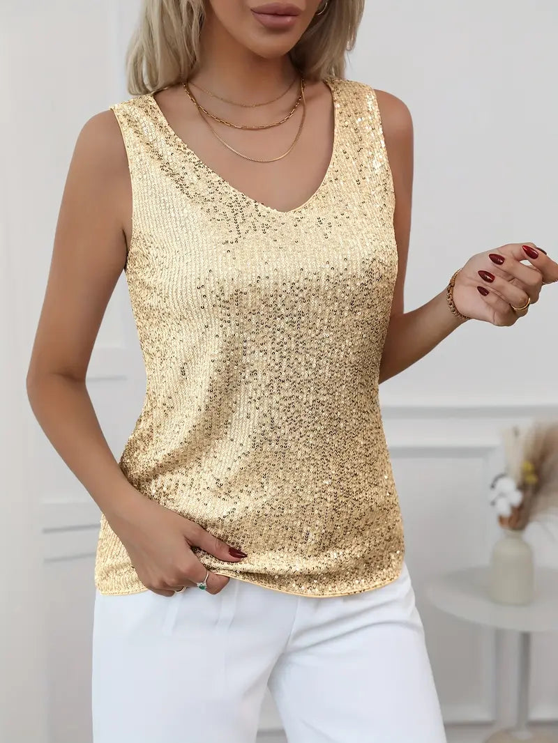 Elegant Sequin Sleeveless V-Neck Top for Women - Gold, Silver, Pink, Black — Image 21