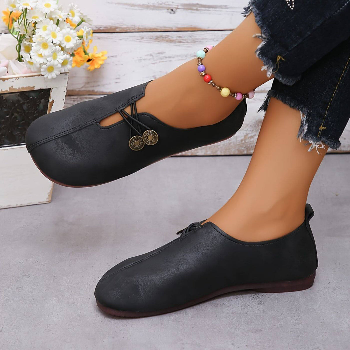 Women's Vintage Leather Loafers Casual Slip-On Flat Shoes Button Detail Comfortable — Image 12