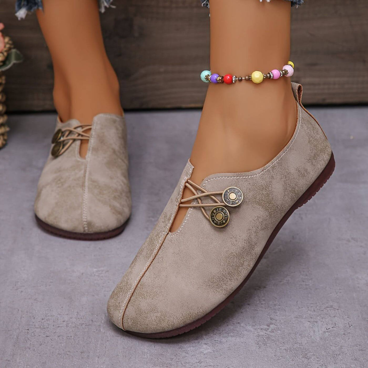 Women's Vintage Leather Loafers Casual Slip-On Flat Shoes Button Detail Comfortable — Image 11