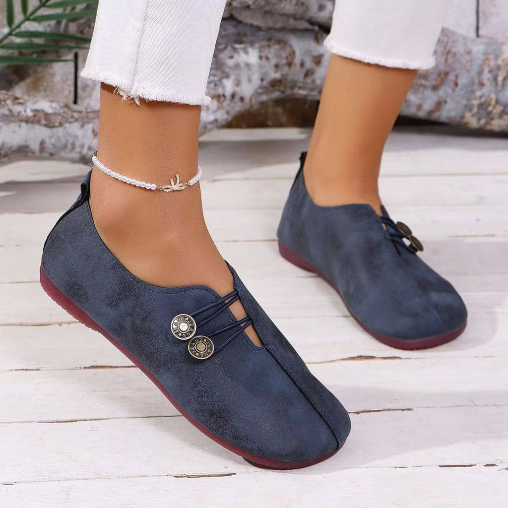 Women's Vintage Leather Loafers Casual Slip-On Flat Shoes Button Detail Comfortable — Image 9