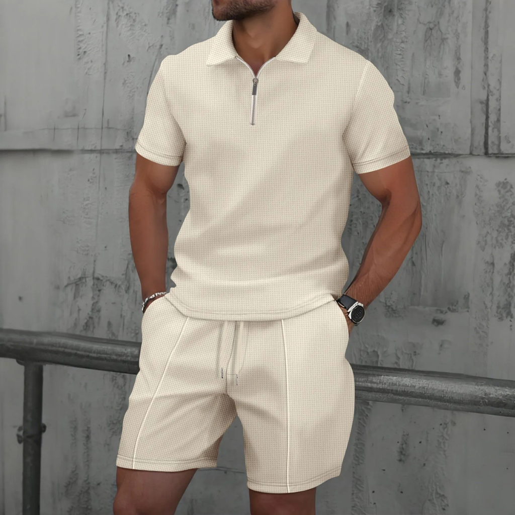 Men's Casual Polo and Shorts Set - Beige, Breathable Fabric, Comfortable Fit — Main Image