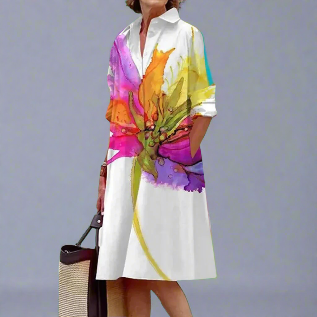Women's Floral Watercolor Print Shirt Dress Multicolor Cotton Casual Fit — Main Image