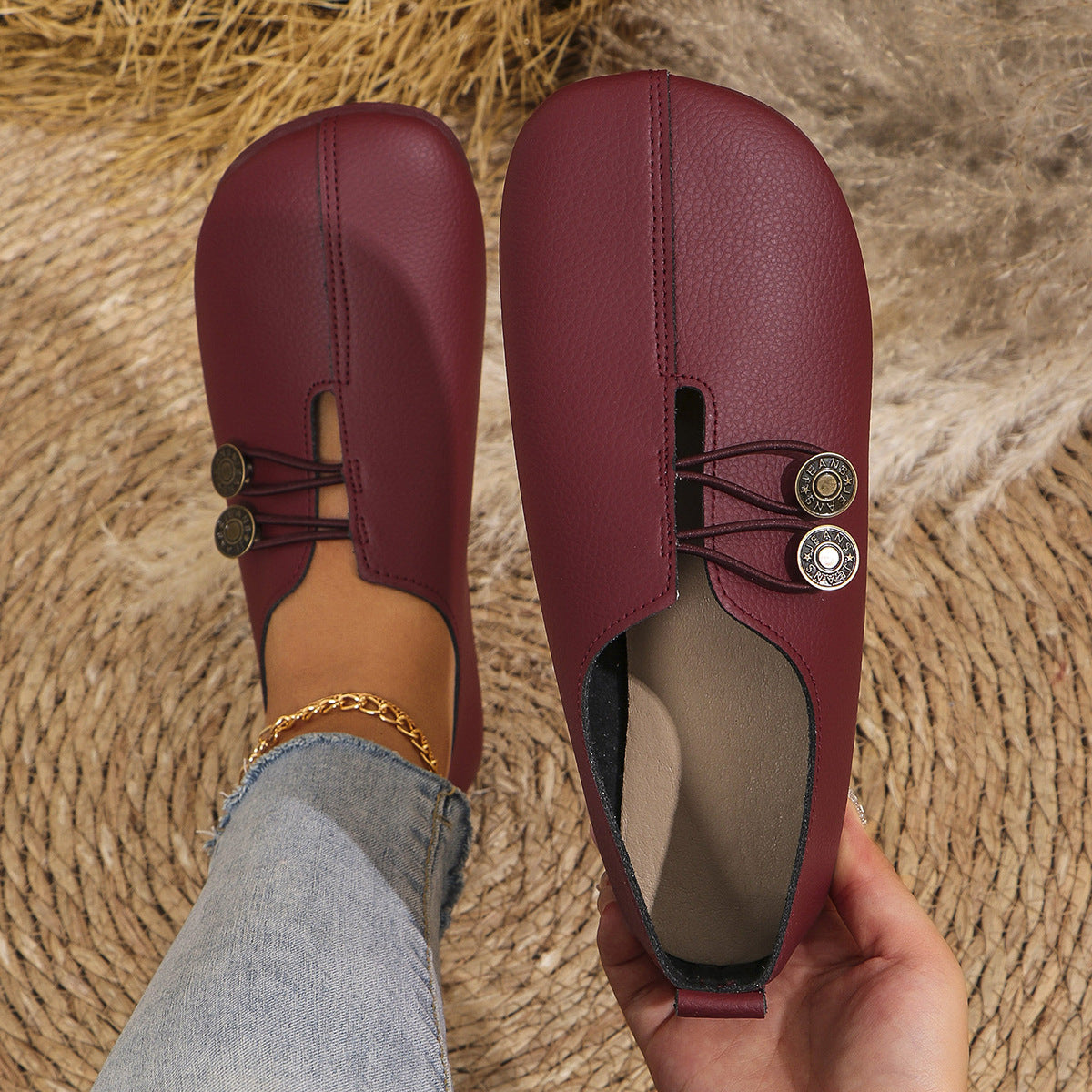 Women's Vintage Leather Loafers Casual Slip-On Flat Shoes Button Detail Comfortable — Image 5