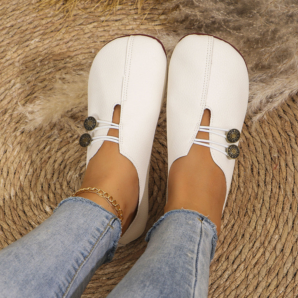 Women's Vintage Leather Loafers Casual Slip-On Flat Shoes Button Detail Comfortable — Image 8