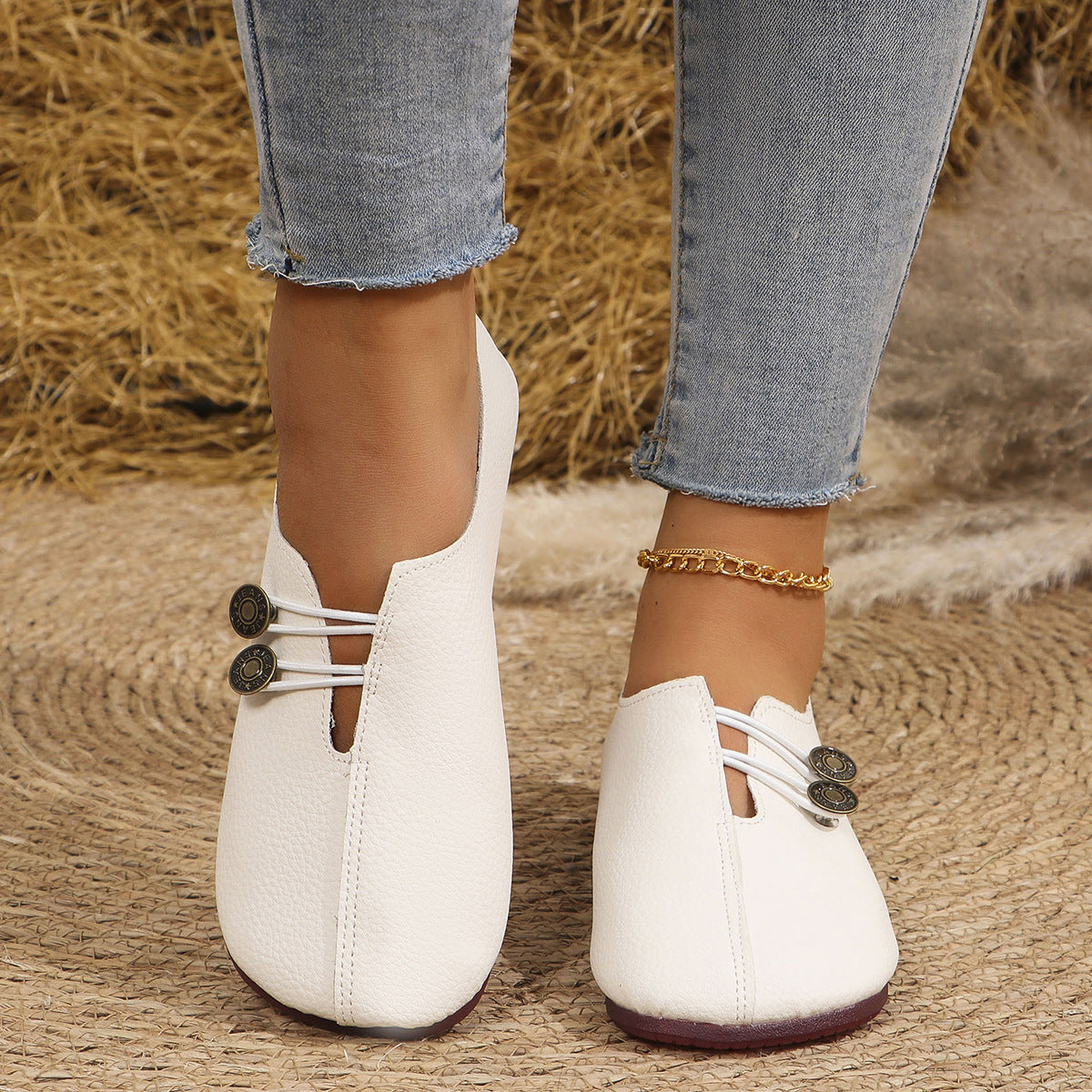 Women's Vintage Leather Loafers Casual Slip-On Flat Shoes Button Detail Comfortable — Image 6