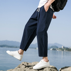 Men's Cotton Linen Relaxed Fit Pants Elastic Waist Casual Trousers Various Colors — Image 3