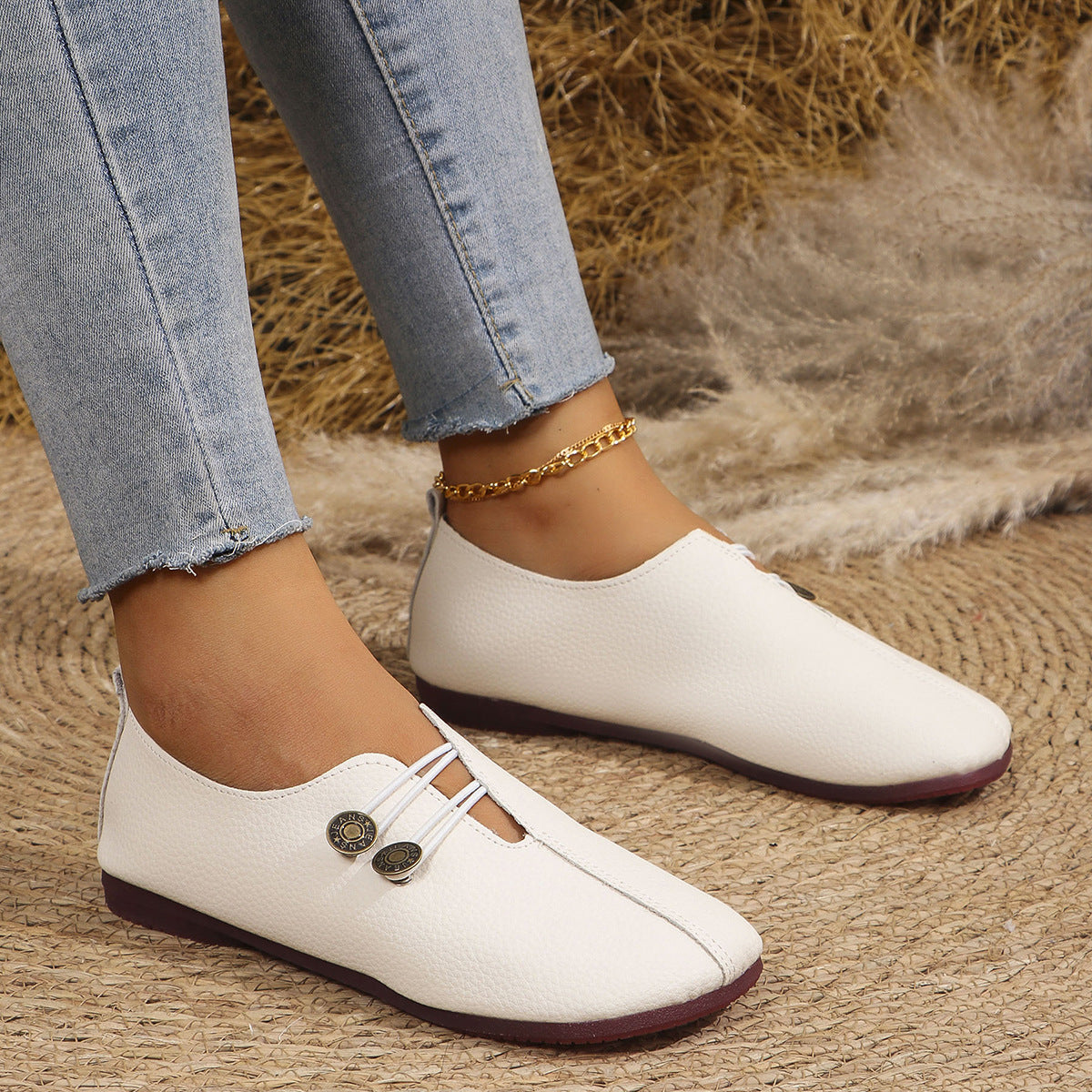 Women's Vintage Leather Loafers Casual Slip-On Flat Shoes Button Detail Comfortable — Image 7