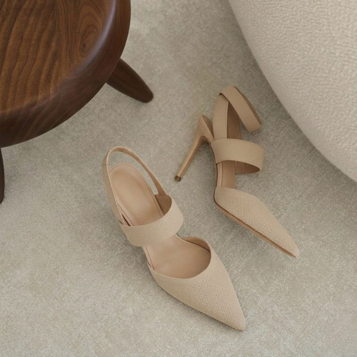 Brand High Heel Sandals Beige Black Mesh Strap Women Stiletto Pointed Toe — Image 2