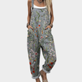 Women's Denim Overalls Floral Embroidery Adjustable Straps Pockets Casual Jumpsuit Blue — Main Image