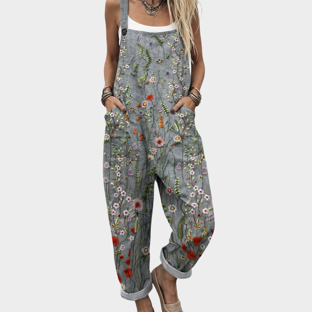 Women's Denim Overalls Floral Embroidery Adjustable Straps Pockets Casual Jumpsuit Blue — Main Image
