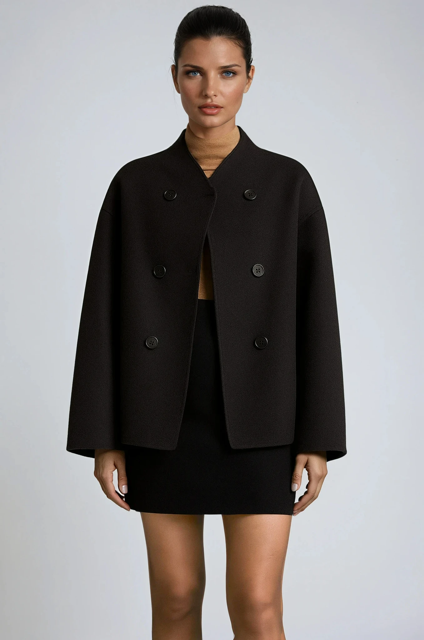 Women's Double-Breasted Wool Blend Cape Coat Black Oversized Elegant Outerwear — Main Image