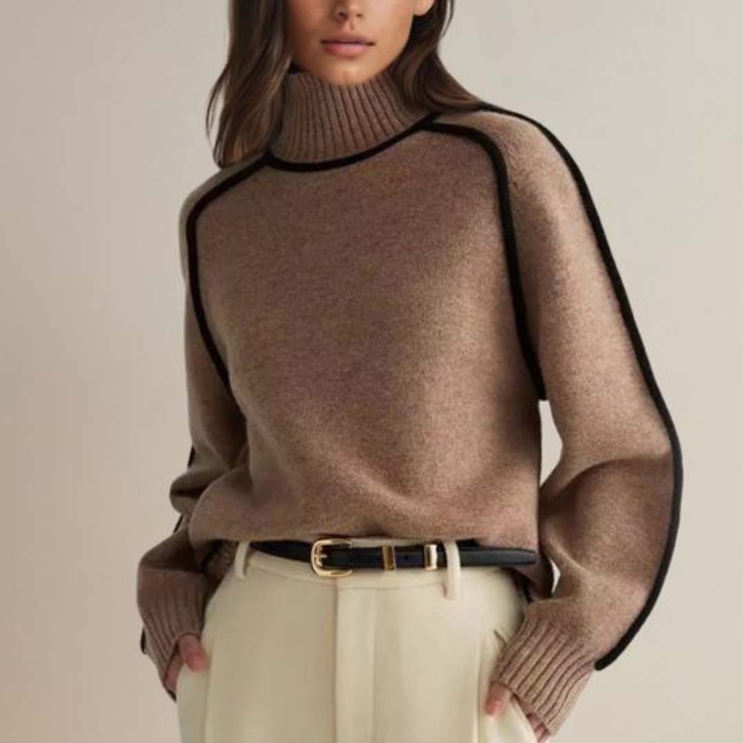 Women's Turtleneck Sweater Soft Knit Contrast Trim Beige Brown Gray — Image 2