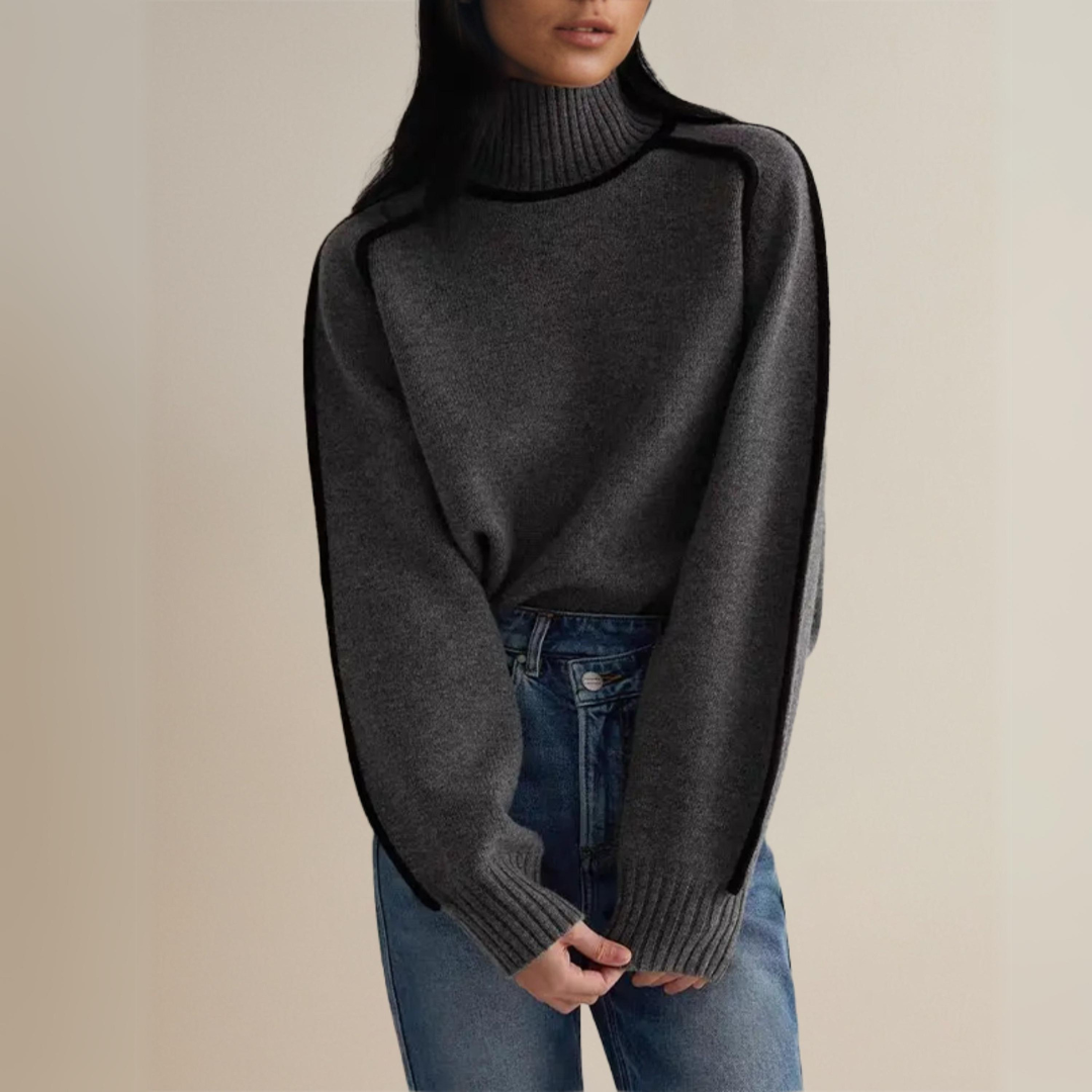 Women's Turtleneck Sweater Soft Knit Contrast Trim Beige Brown Gray — Image 3