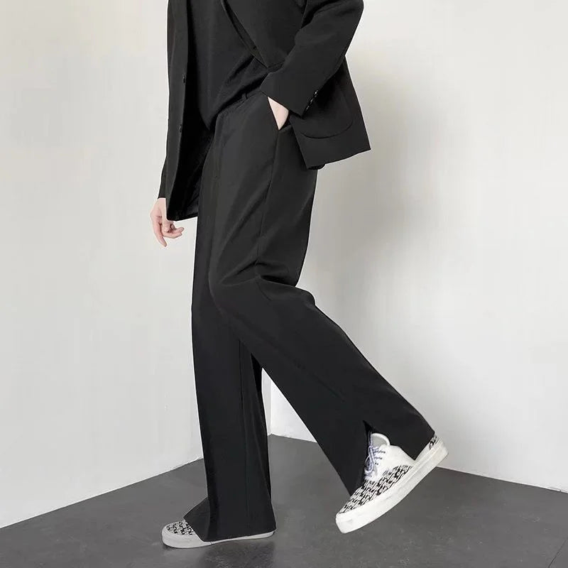 Men's Wide Leg Trousers Polyester Elastic Waist Relaxed Fit Business Casual Pants Gray — Image 3
