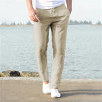 Men's Linen Blend Jogger Pants Lightweight Elastic Waist Casual Trousers Beige — Image 2