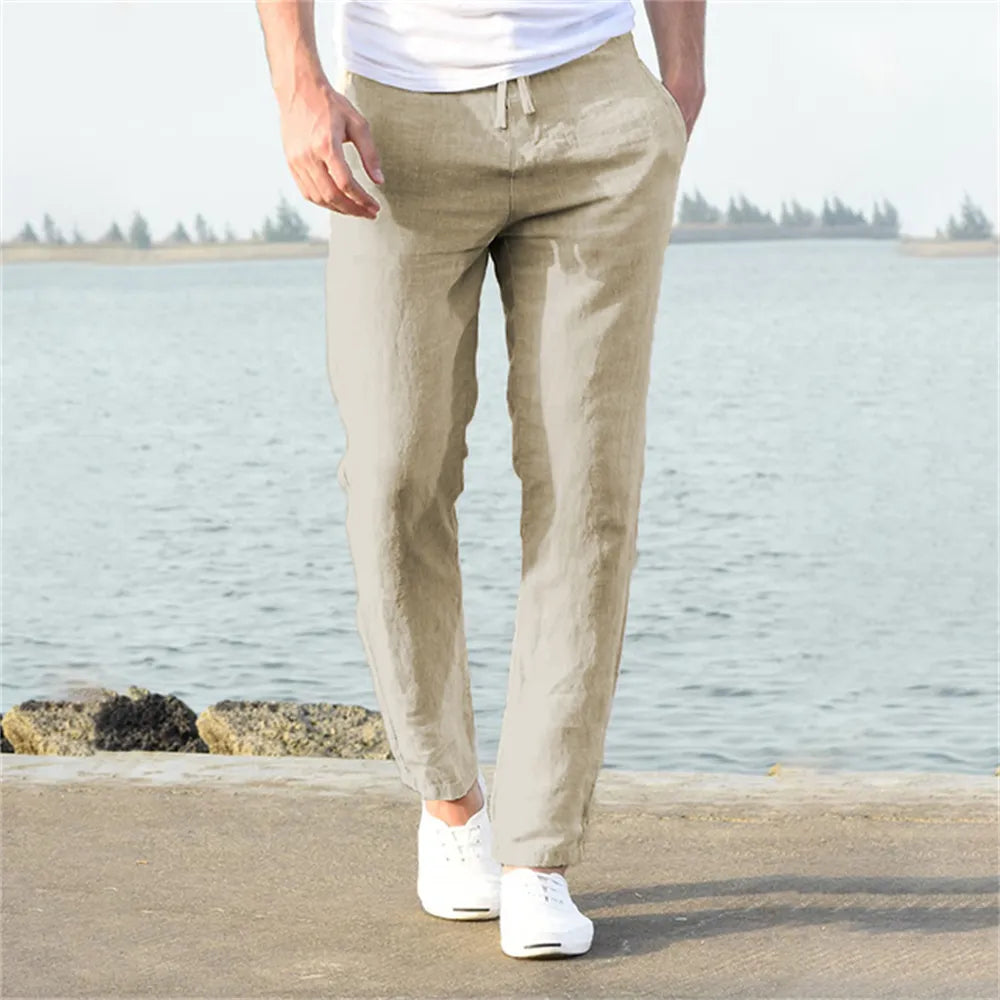 Men's Linen Blend Jogger Pants Lightweight Elastic Waist Casual Trousers Beige — Image 2
