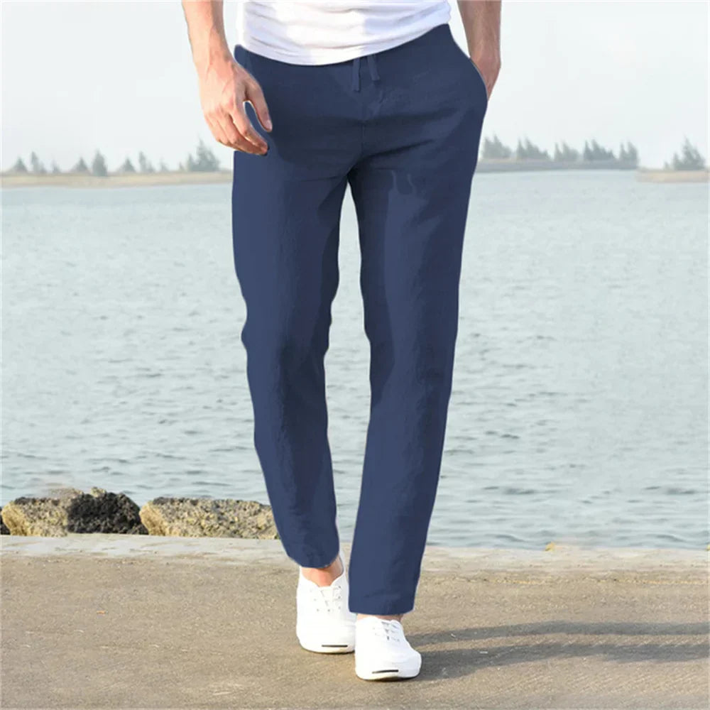 Men's Linen Blend Jogger Pants Lightweight Elastic Waist Casual Trousers Beige — Image 5