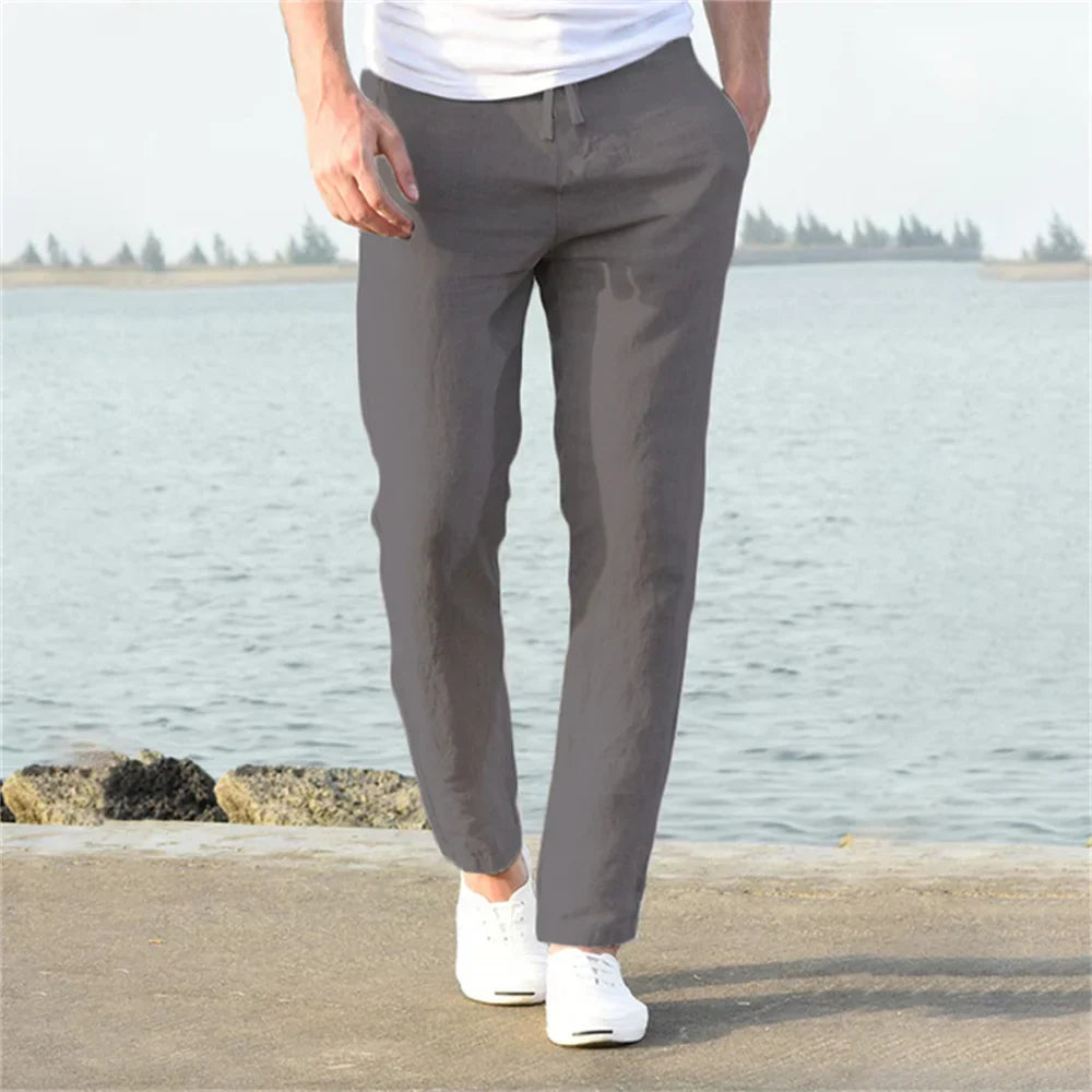 Men's Linen Blend Jogger Pants Lightweight Elastic Waist Casual Trousers Beige — Image 7