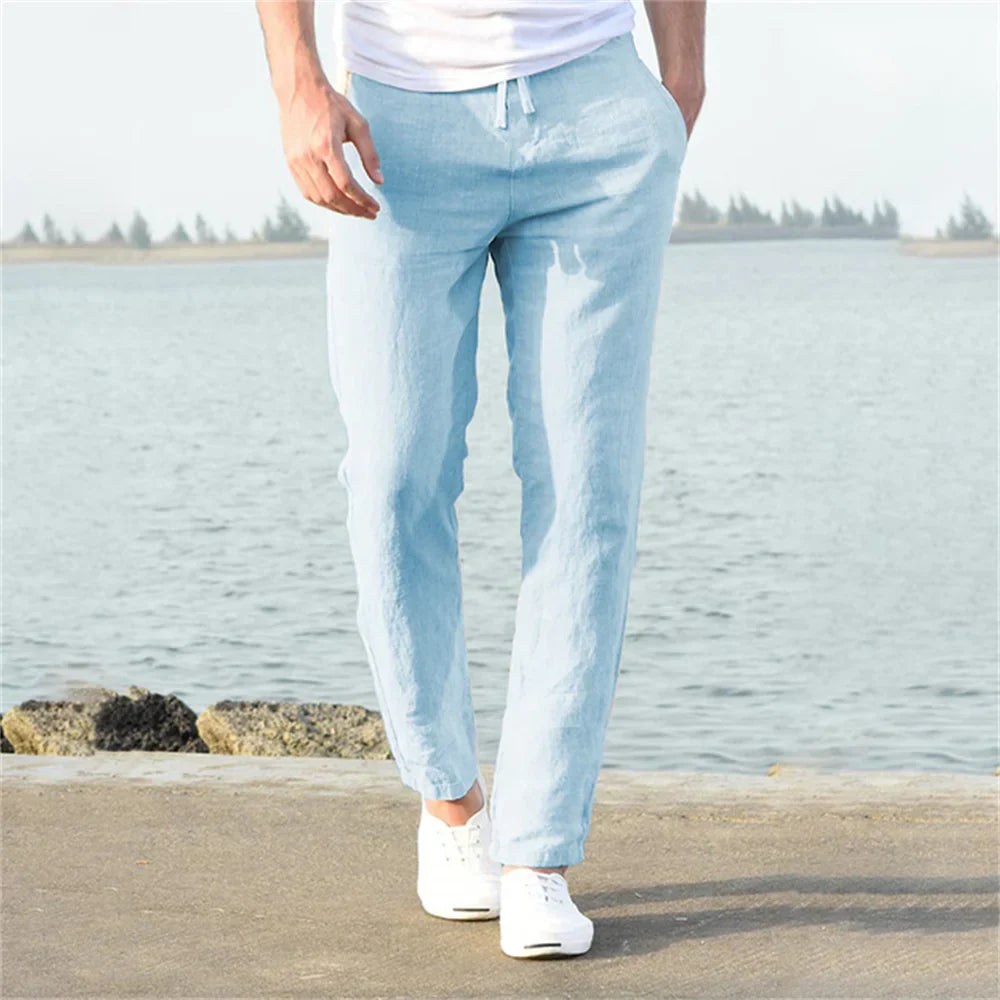 Men's Linen Blend Jogger Pants Lightweight Elastic Waist Casual Trousers Beige — Image 6