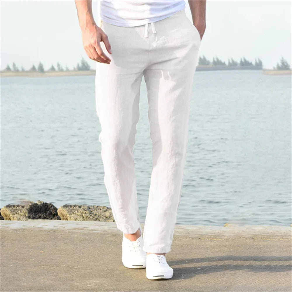 Men's Linen Blend Jogger Pants Lightweight Elastic Waist Casual Trousers Beige — Image 4