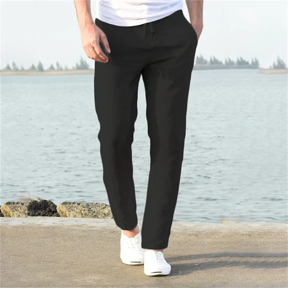 Men's Linen Blend Jogger Pants Lightweight Elastic Waist Casual Trousers Beige — Image 3