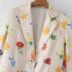Floral Print Women's Blazer Cotton Blend Lightweight Tailored Jacket Beige — Image 5