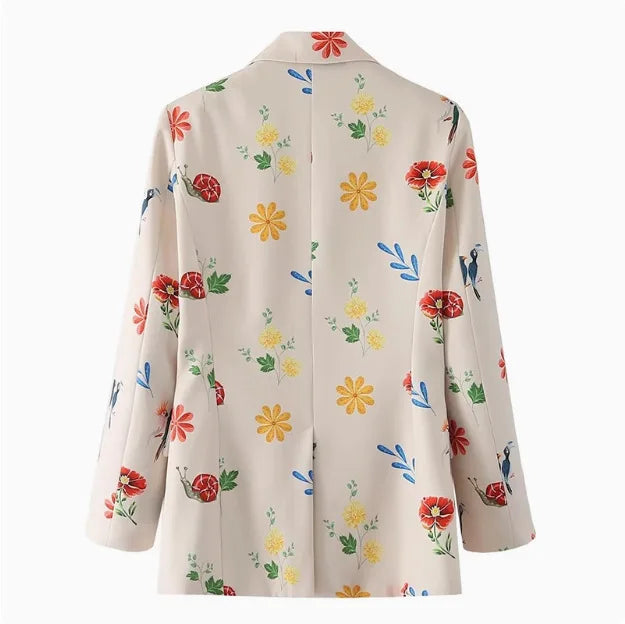 Floral Print Women's Blazer Cotton Blend Lightweight Tailored Jacket Beige — Image 6