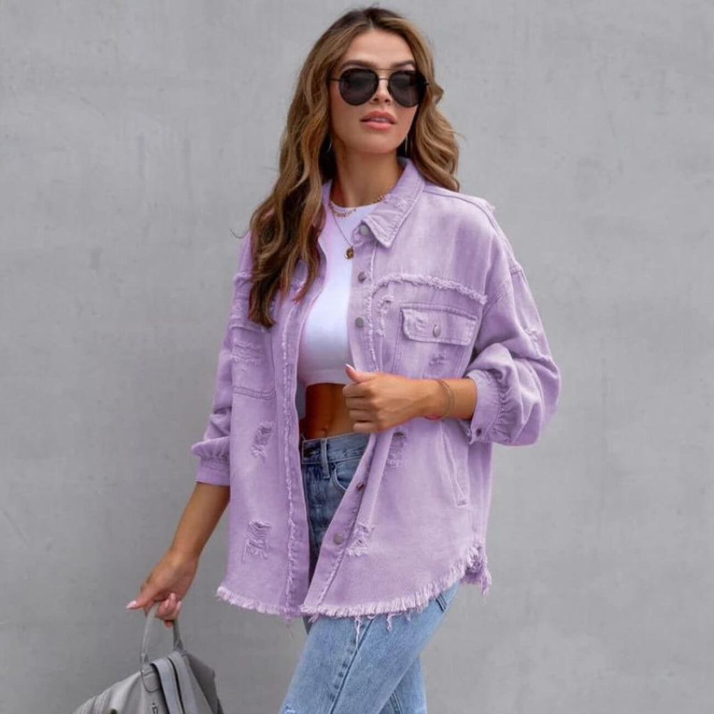 Women's Distressed Denim Jacket Button-Up Frayed Hem Oversized Shacket — Image 10