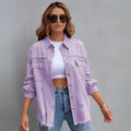 Women's Distressed Denim Jacket Button-Up Frayed Hem Oversized Shacket — Main Image