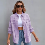 Women's Distressed Denim Jacket Button-Up Frayed Hem Oversized Shacket — Main Image
