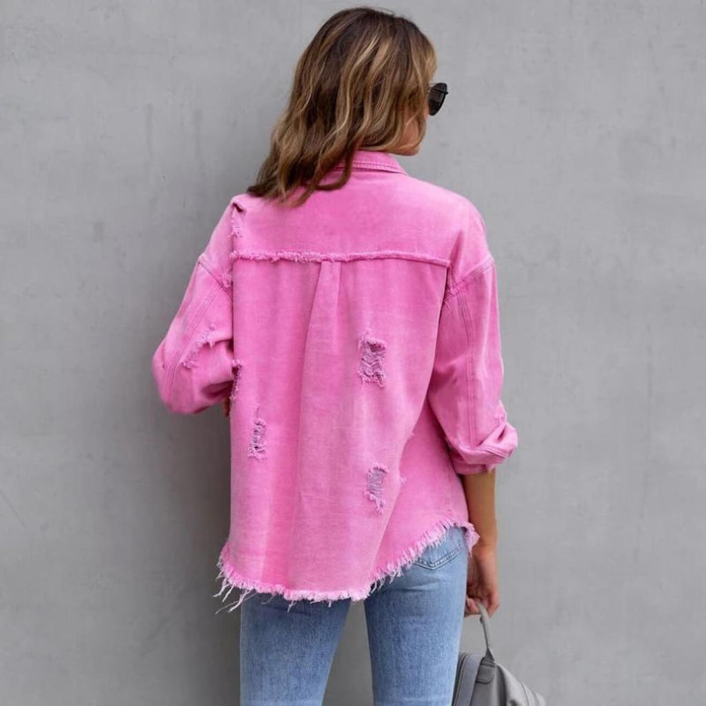 Women's Distressed Denim Jacket Button-Up Frayed Hem Oversized Shacket — Image 9